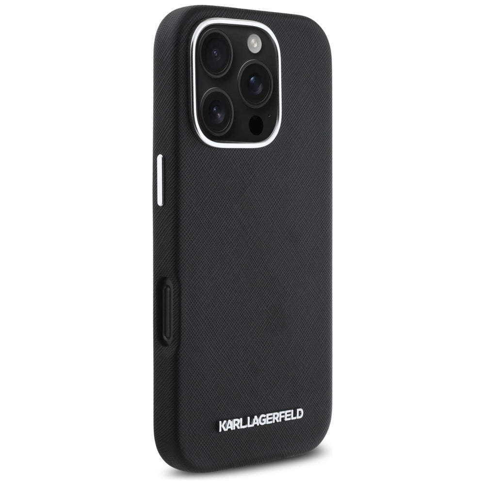 Karl Lagerfeld - Saffiano Full Wrapped Elongated Metal Logo MagSafe (KLHMP16LPSAFWMCK) - iPhone 16 Pro - Black