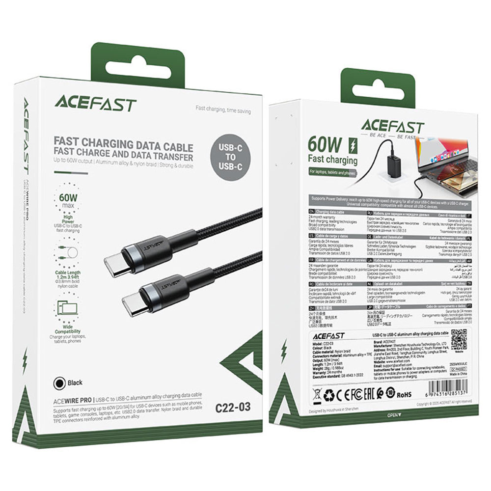 Acefast - Data Cable (C22-03) - Fast Charge, Type-C to Type-C, 60W, 3A, Nylon Braid, FCC, CE, RoHS, EAC, 1.2m - Black