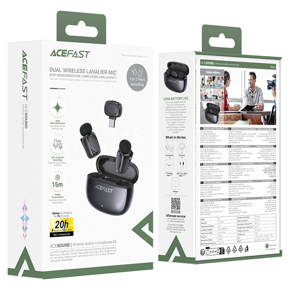 Acefast - Wireless Lavalier Microphones (R2) - Type-C, 360°, Noise Reduction, Dual-mic Rec, 300mAh, Ultra-low Latency - 