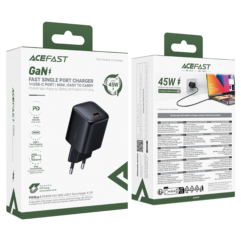 Acefast Incarcator Acefast (A119), GaN Technology, Fast Charge, PD45W, Mini Design, Single USB-C Output, Negru – imagine