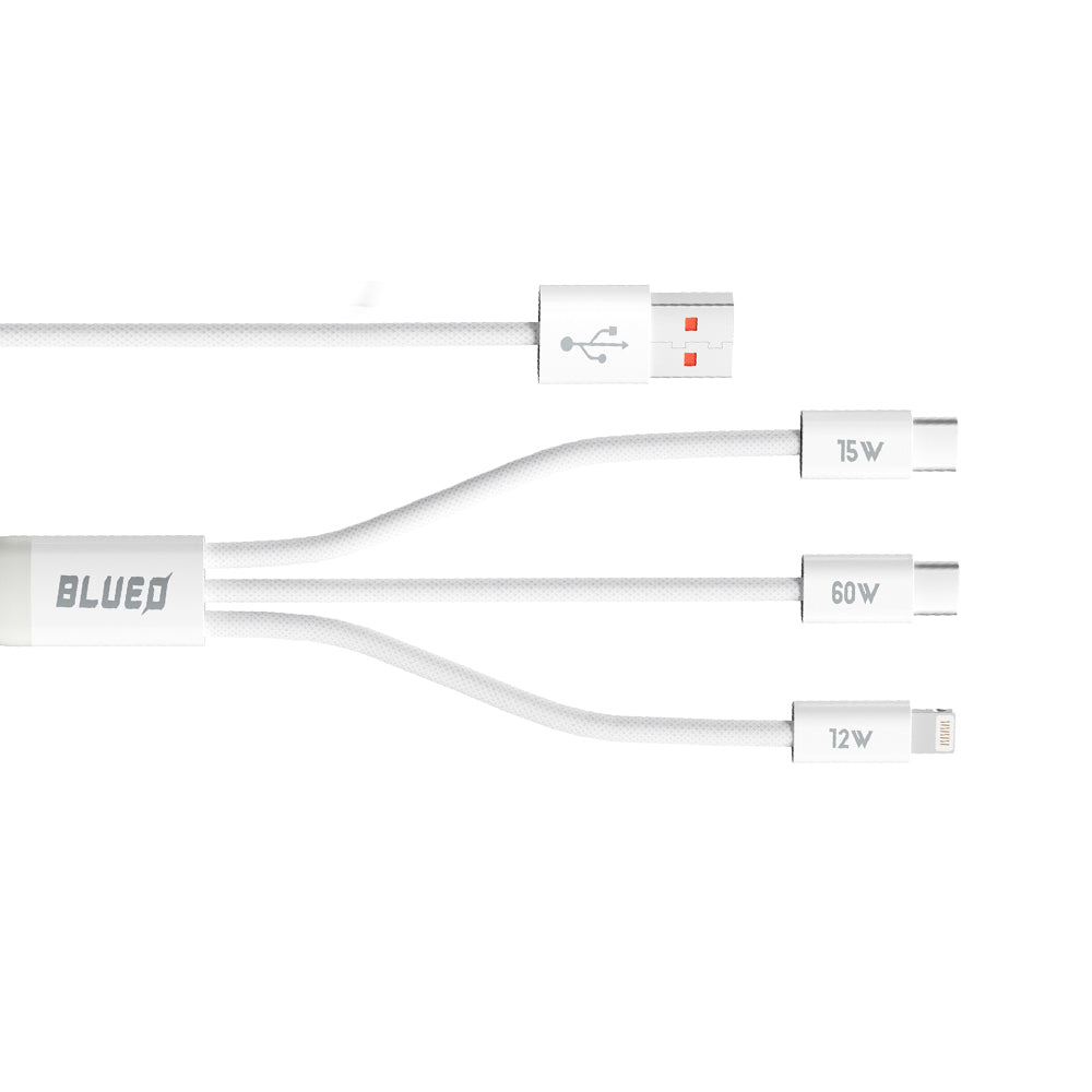 Blueo - 3in1 Data Cable - USB to 2x Type-C, Lightning, Fast Charging, Nylon Braided, 60W, 1.2m - White