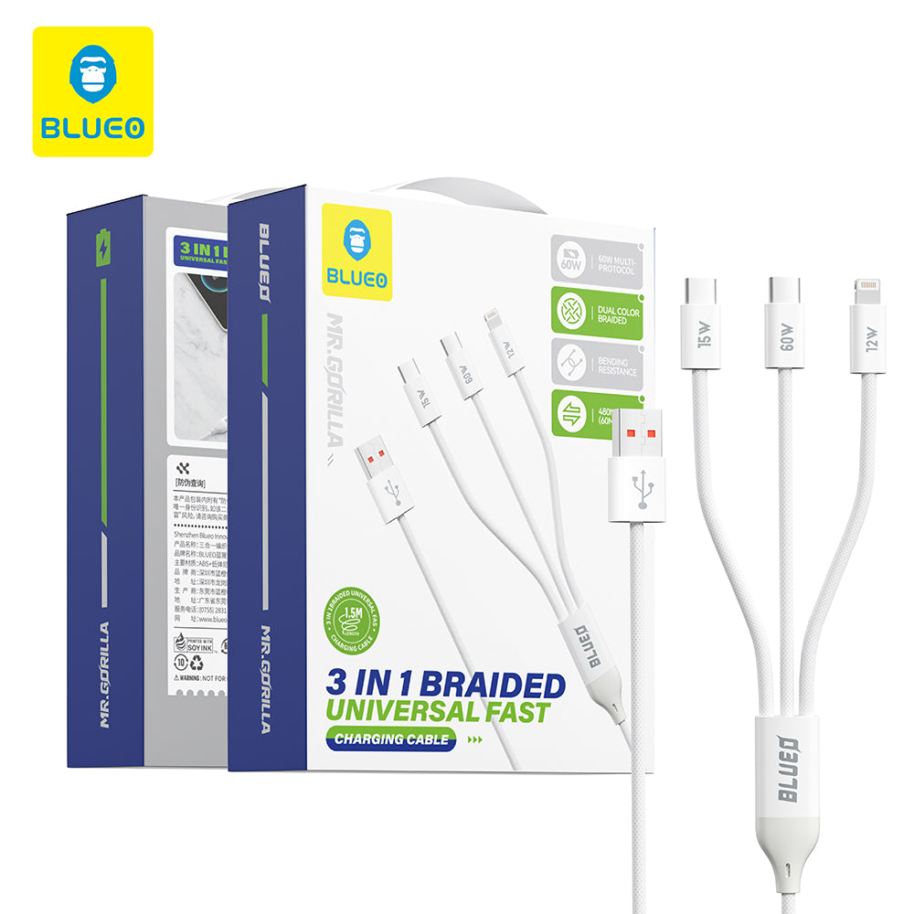 Blueo - 3in1 Data Cable - USB to 2x Type-C, Lightning, Fast Charging, Nylon Braided, 60W, 1.2m - White