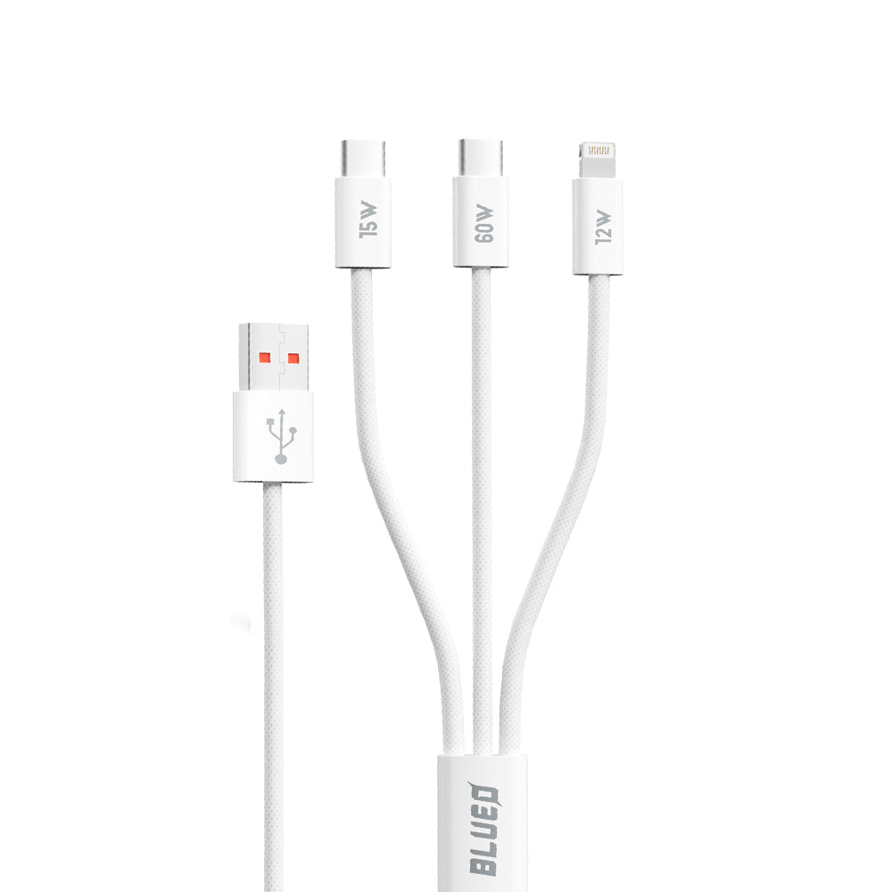 Blueo - 3in1 Data Cable - USB to 2x Type-C, Lightning, Fast Charging, Nylon Braided, 60W, 1.2m - White