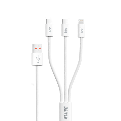 Blueo - 3in1 Data Cable - USB to 2x Type-C, Lightning, Fast Charging, Nylon Braided, 60W, 1.2m - White