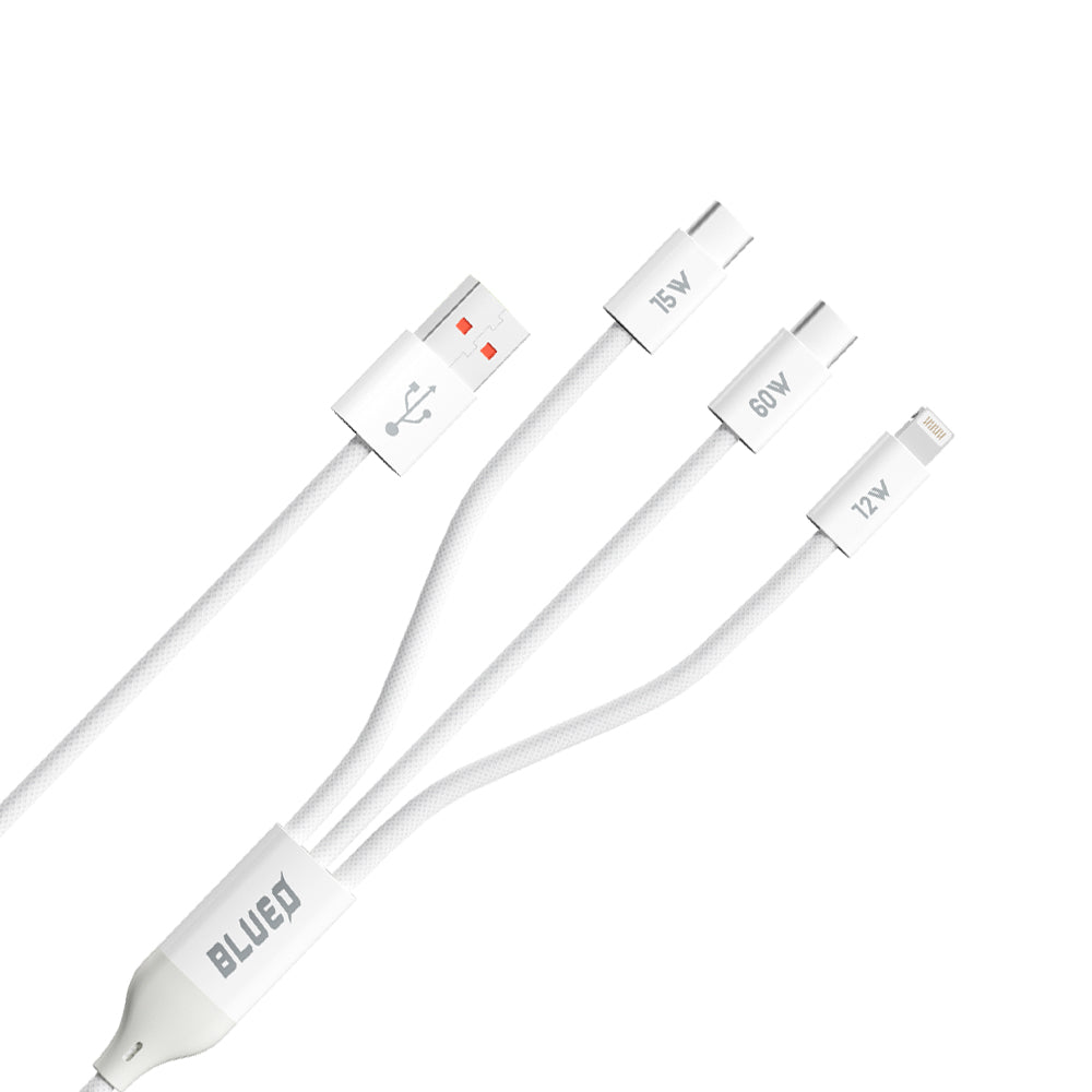 Blueo - 3in1 Data Cable - USB to 2x Type-C, Lightning, Fast Charging, Nylon Braided, 60W, 1.2m - White