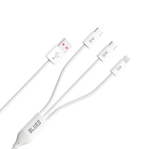 Blueo - 3in1 Data Cable - USB to 2x Type-C, Lightning, Fast Charging, Nylon Braided, 60W, 1.2m - White