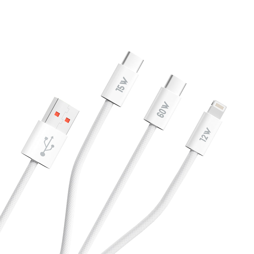 Blueo - 3in1 Data Cable - USB to 2x Type-C, Lightning, Fast Charging, Nylon Braided, 60W, 1.2m - White
