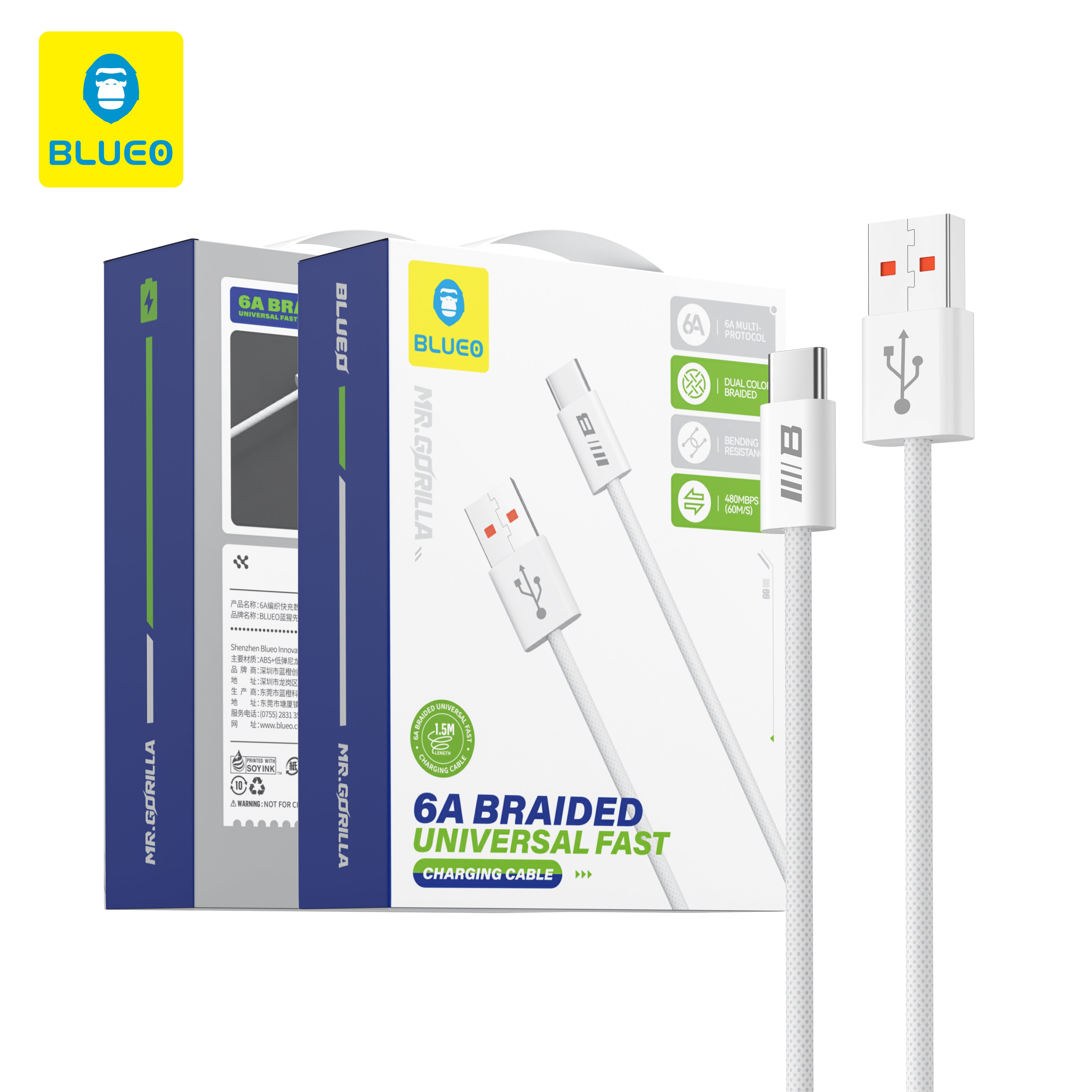 Blueo - Data Cable - USB-A to Type-C, Braided, Fast Charging, 6A, 1.5m - White