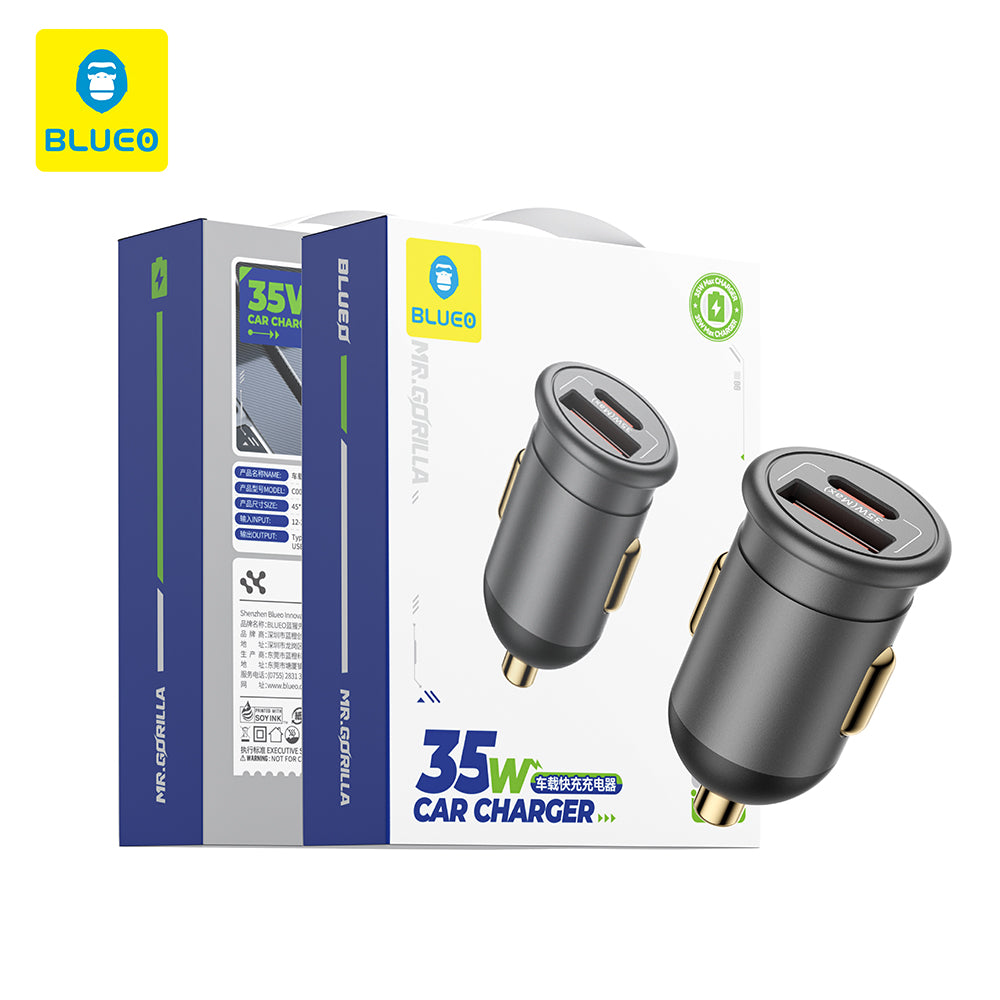 Blueo - Car Charger - USB, Type-C, 35W, with Built-in Protections, for 12V to 24V DC Socket, Matte Finish - Grey