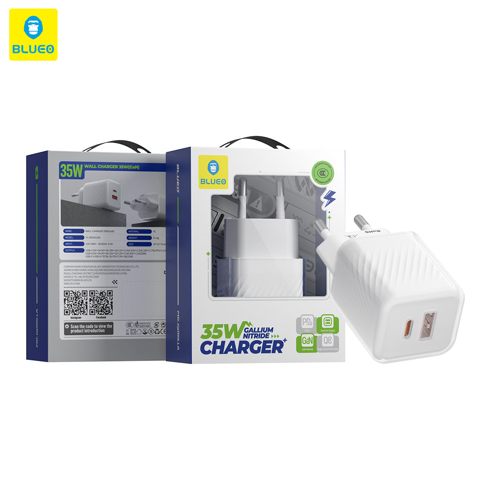 Blueo - Wall Charger Dual Port - 1x USB, 1x Type-C, GaN Technology, Fast Charge, Elegant Finish, PD3.0, 35W - White