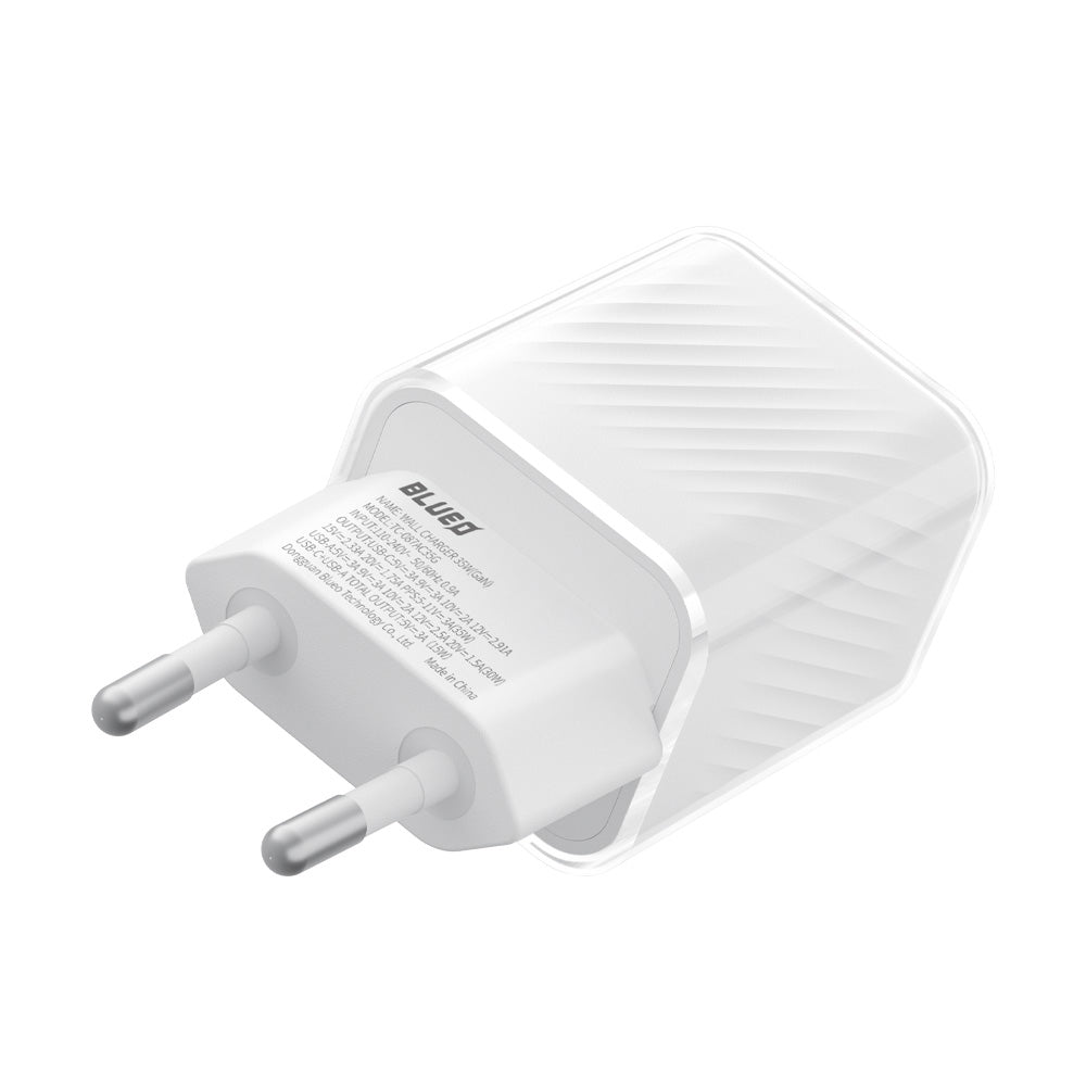 Blueo - Wall Charger Dual Port - 1x USB, 1x Type-C, GaN Technology, Fast Charge, Elegant Finish, PD3.0, 35W - White