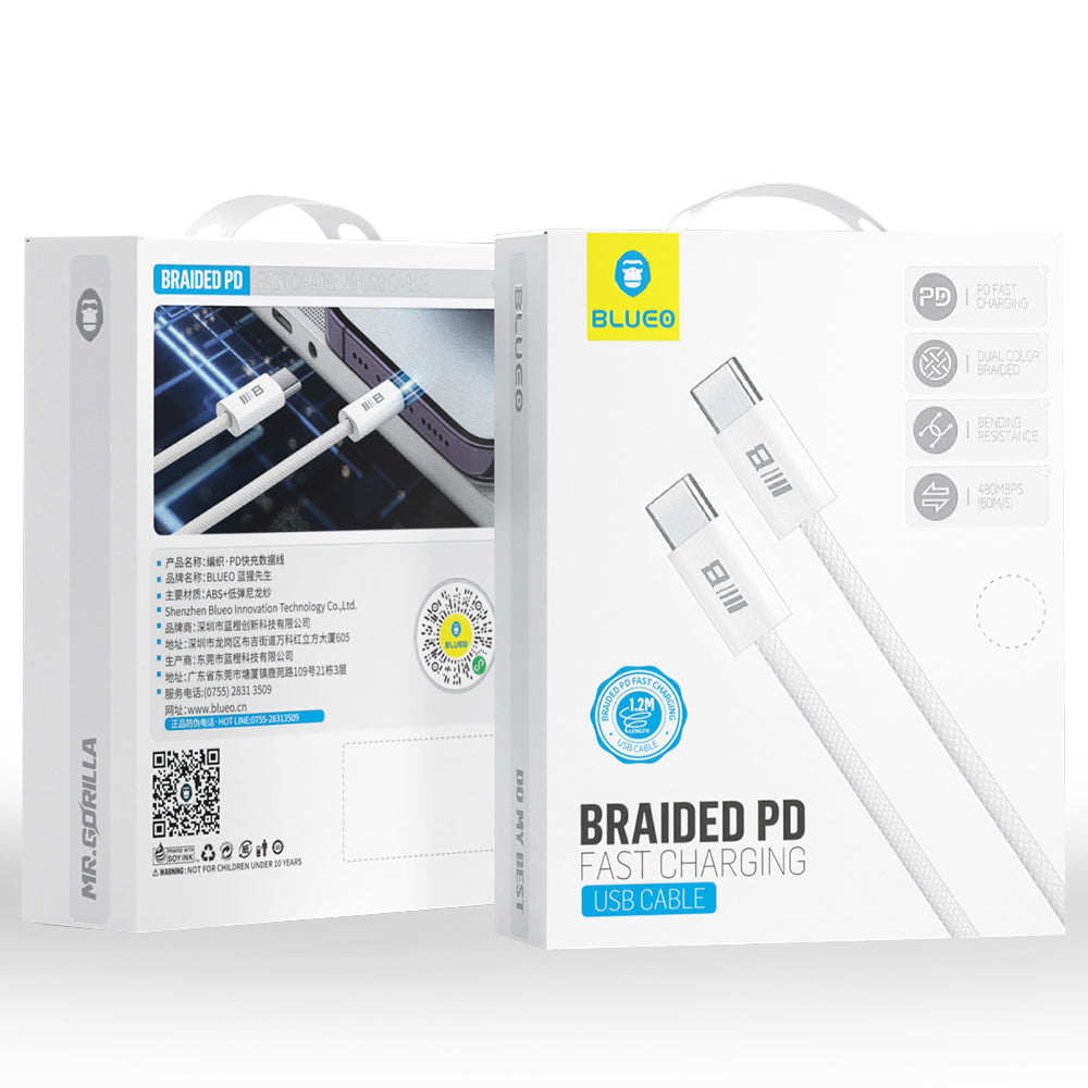 Blueo - Data Cable - Type-C to Type-C, Fast Charging, Braided, 2m - White