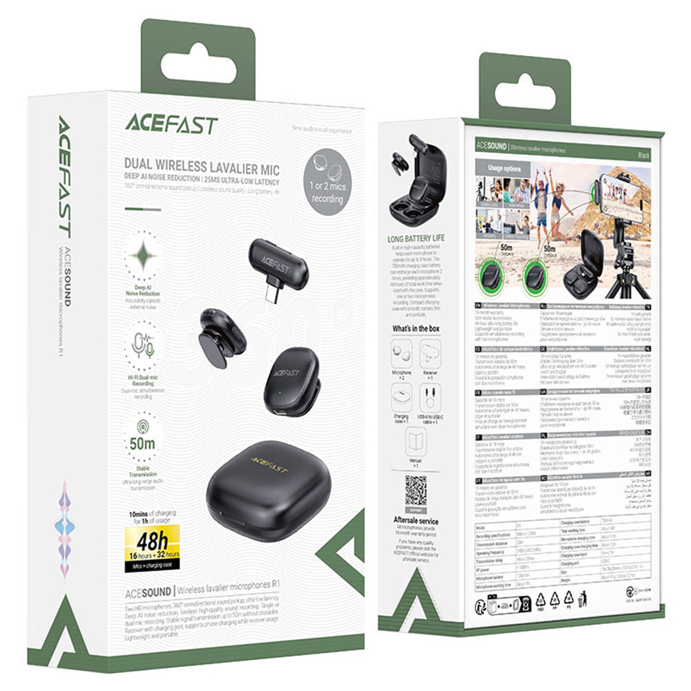 Acefast - Wireless Lavalier Microphones (R1) - Type-C, 360° Pickup Range, Noise Reduction, 750mAh, Ultra-low Latency - B