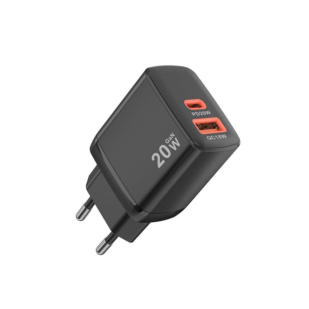 Techsuit - Wall Charger Duonix20W (CH2) - Type-C, USB, Dual Travel Charger 20W - Black