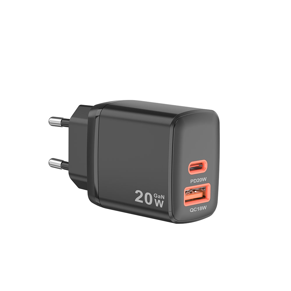Techsuit - Wall Charger Duonix20W (CH2) - Type-C, USB, Dual Travel Charger 20W - Black