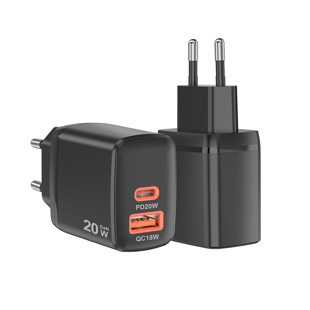 Techsuit - Wall Charger Duonix20W (CH2) - Type-C, USB, Dual Travel Charger 20W - Black