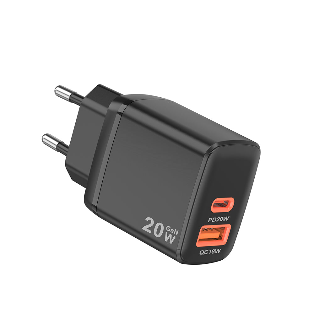 Techsuit - Wall Charger Duonix20W (CH2) - Type-C, USB, Dual Travel Charger 20W - Black