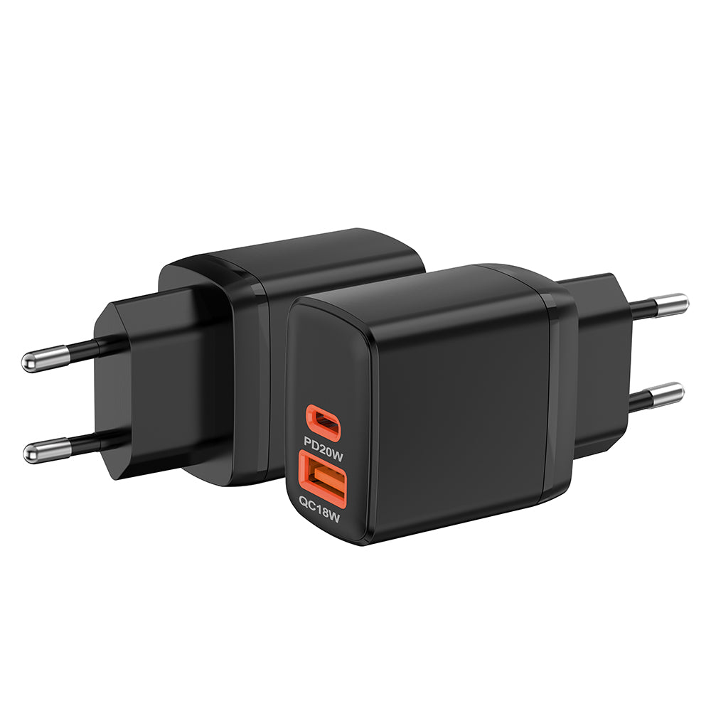 Techsuit - Wall Charger Duonix20W (CH2) - Type-C, USB, Dual Travel Charger 20W - Black