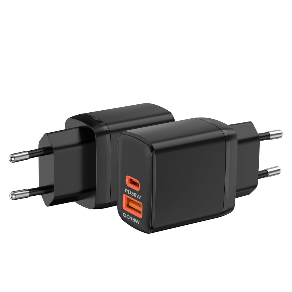 Techsuit - Wall Charger Duonix30W (CH1) - Type-C, USB, Dual Travel Charger 30W - Black