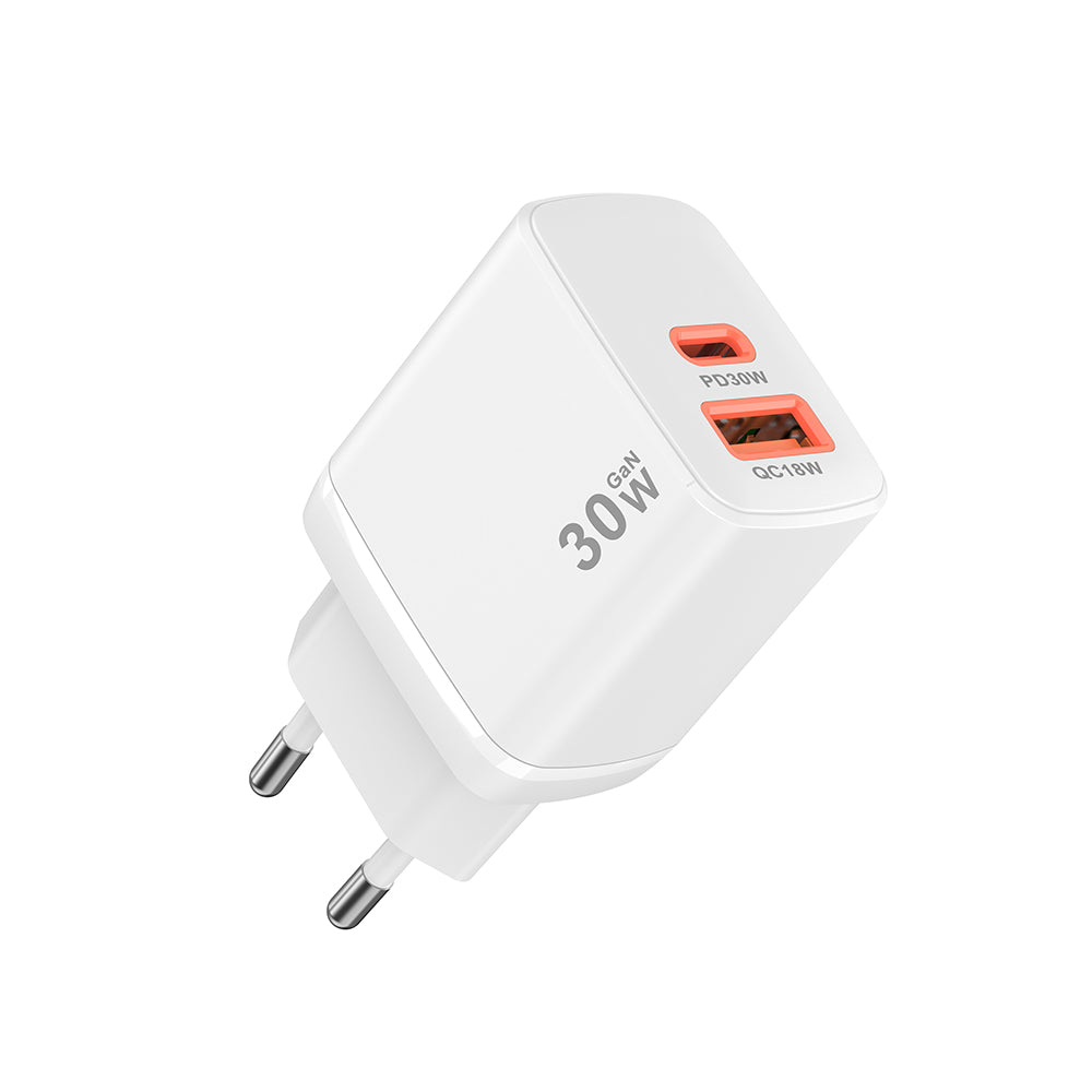 Techsuit - Wall Charger Duonix30W (CH1) - Type-C, USB, Dual Travel Charger 30W - White