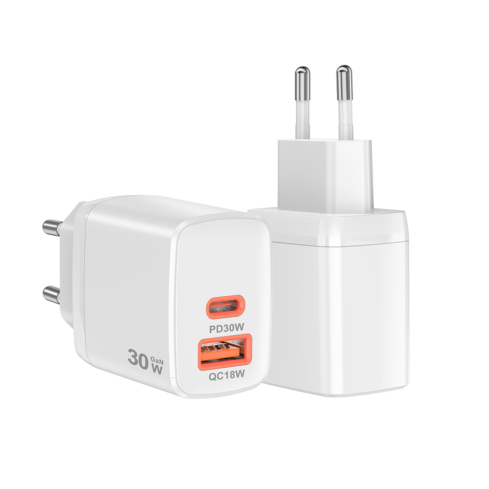 Techsuit - Wall Charger Duonix30W (CH1) - Type-C, USB, Dual Travel Charger 30W - White