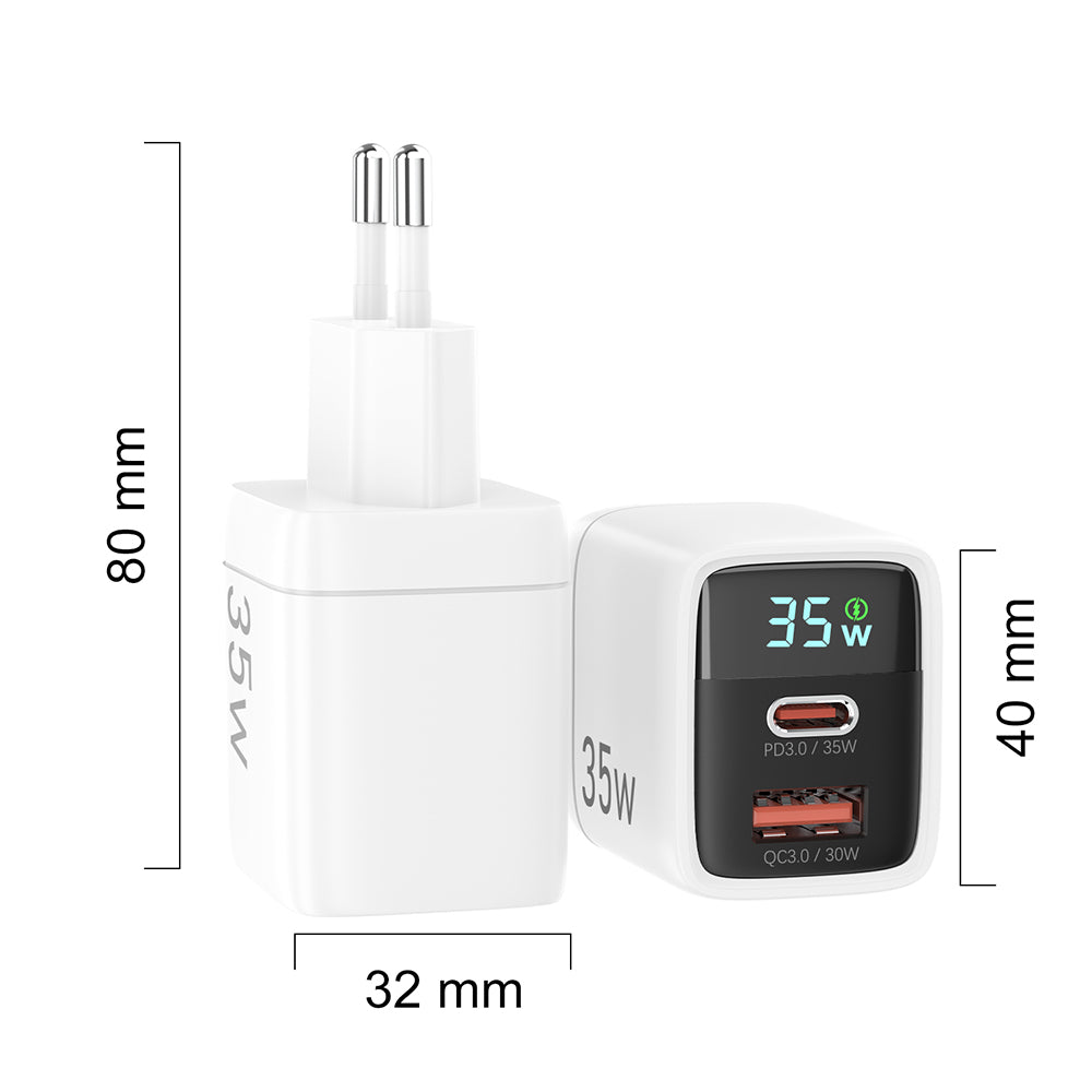 Techsuit - Wall Charger LEDChargX (CH3) - Type-C, USB, GaN Technology, Fast Charge, LED Display, PD35W - White