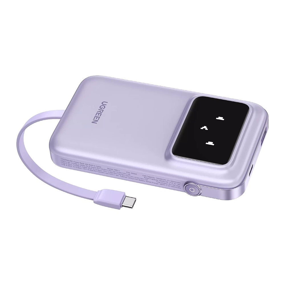 Ugreen - Power Bank PB511 (35604B) - USB, Type-C with Built-in Cable, 10000mAh, 30W - Purple