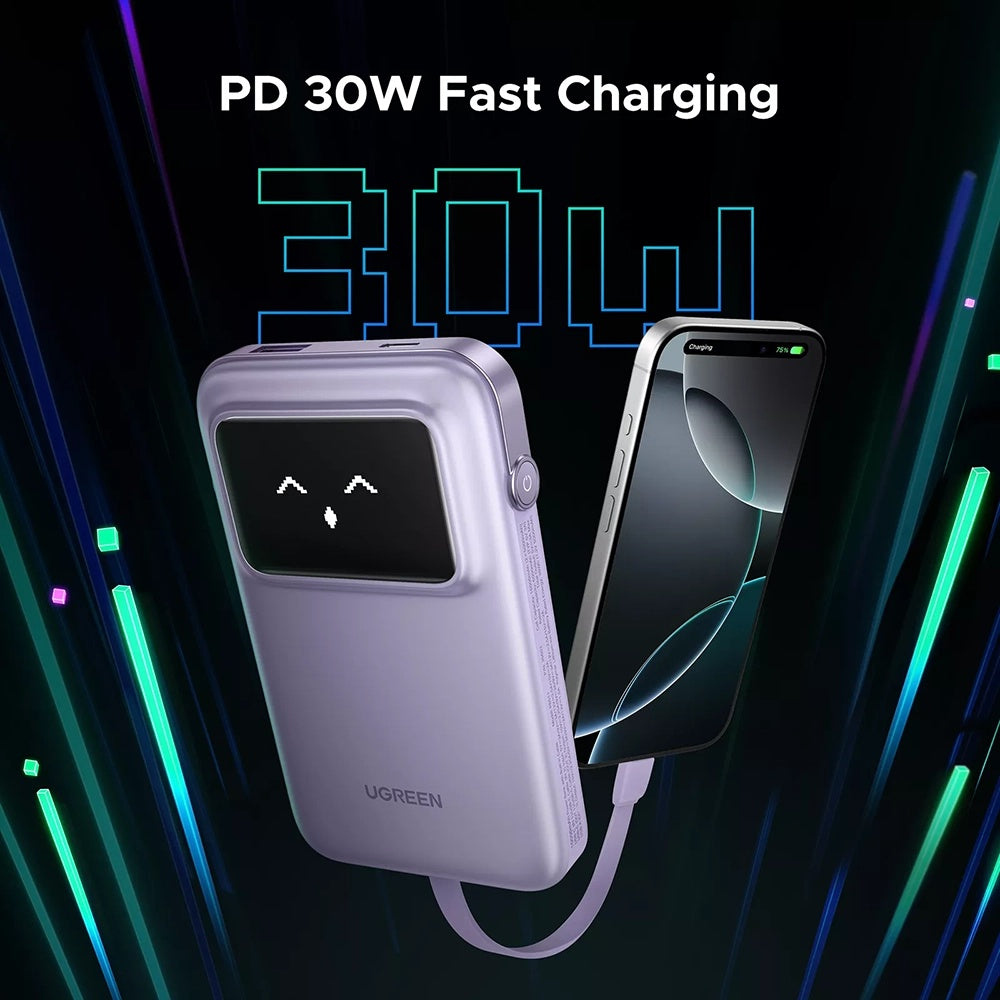 Ugreen - Power Bank PB511 (35604B) - USB, Type-C with Built-in Cable, 10000mAh, 30W - Purple