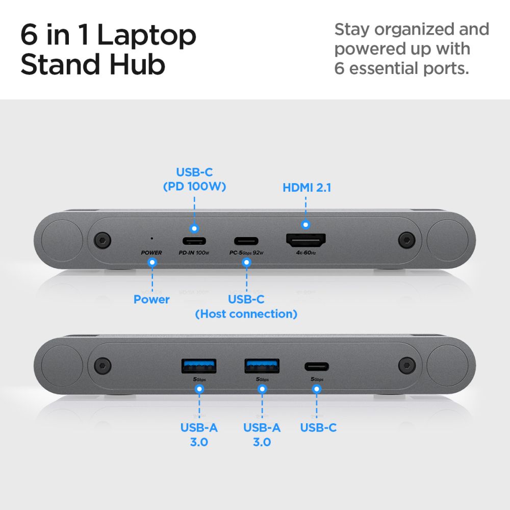 Spigen - Laptop Holder LD204H (AMP08885) - with Built-in Hub 2x USB, 3x Type-C, HDMI, 360° Rotation, Adjustable, Secure 