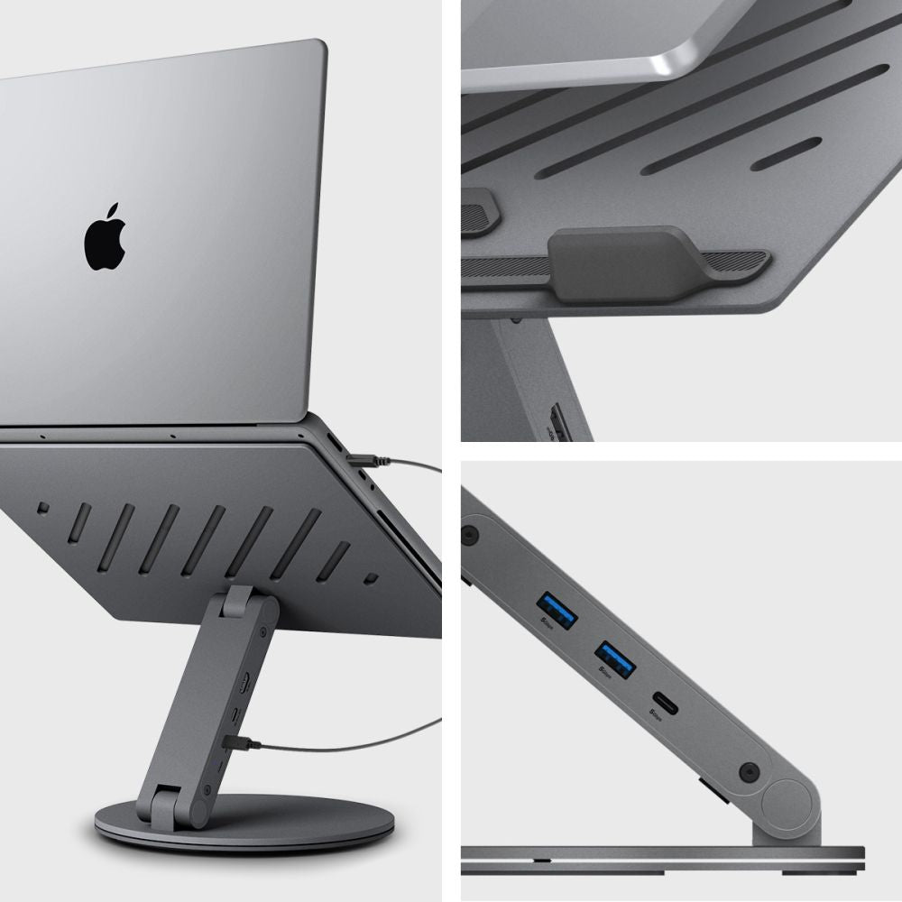 Spigen - Laptop Holder LD204H (AMP08885) - with Built-in Hub 2x USB, 3x Type-C, HDMI, 360° Rotation, Adjustable, Secure 