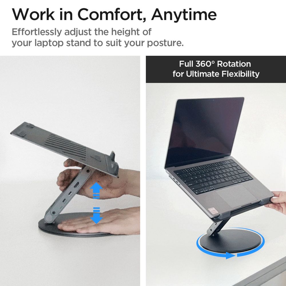 Spigen - Laptop Holder LD204H (AMP08885) - with Built-in Hub 2x USB, 3x Type-C, HDMI, 360° Rotation, Adjustable, Secure 