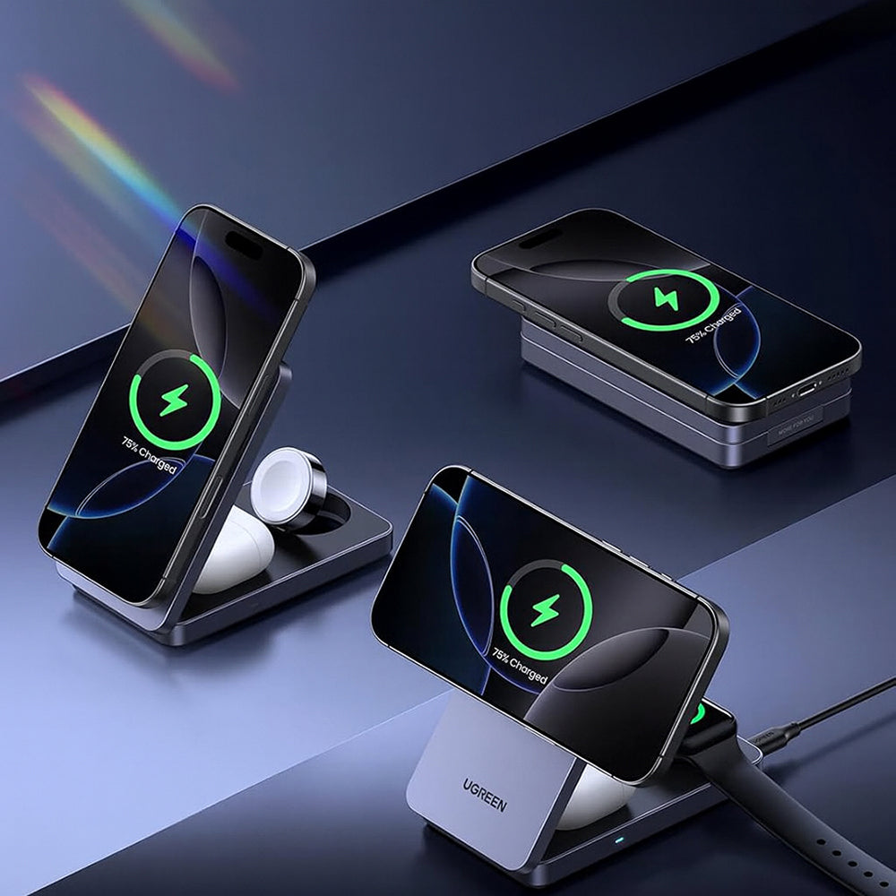 Ugreen - Wireless Charging Station W707 (45025) - with Wall Charger, for Apple Watch, iPhone, Airpods, Qi2, 25W - Gray