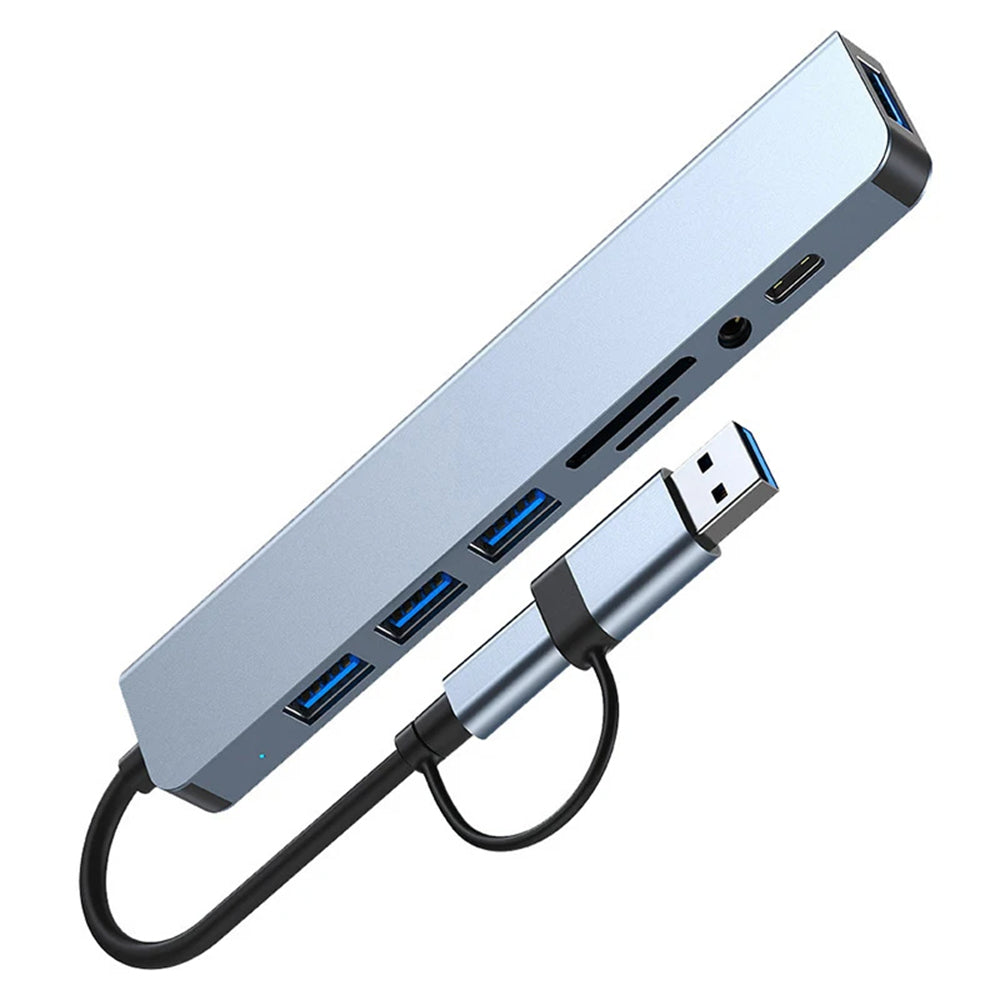 Techsuit - Docking Station DataBridge 8 in 1 (H9) - USB, Type-C to 4x USB, Type-C, 3.5mm Jack, TF/SD Card - Gray