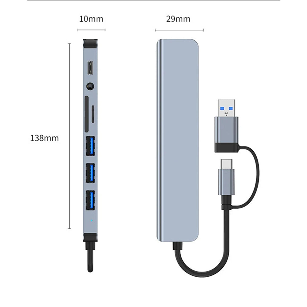 Techsuit - Docking Station DataBridge 8 in 1 (H9) - USB, Type-C to 4x USB, Type-C, 3.5mm Jack, TF/SD Card - Gray