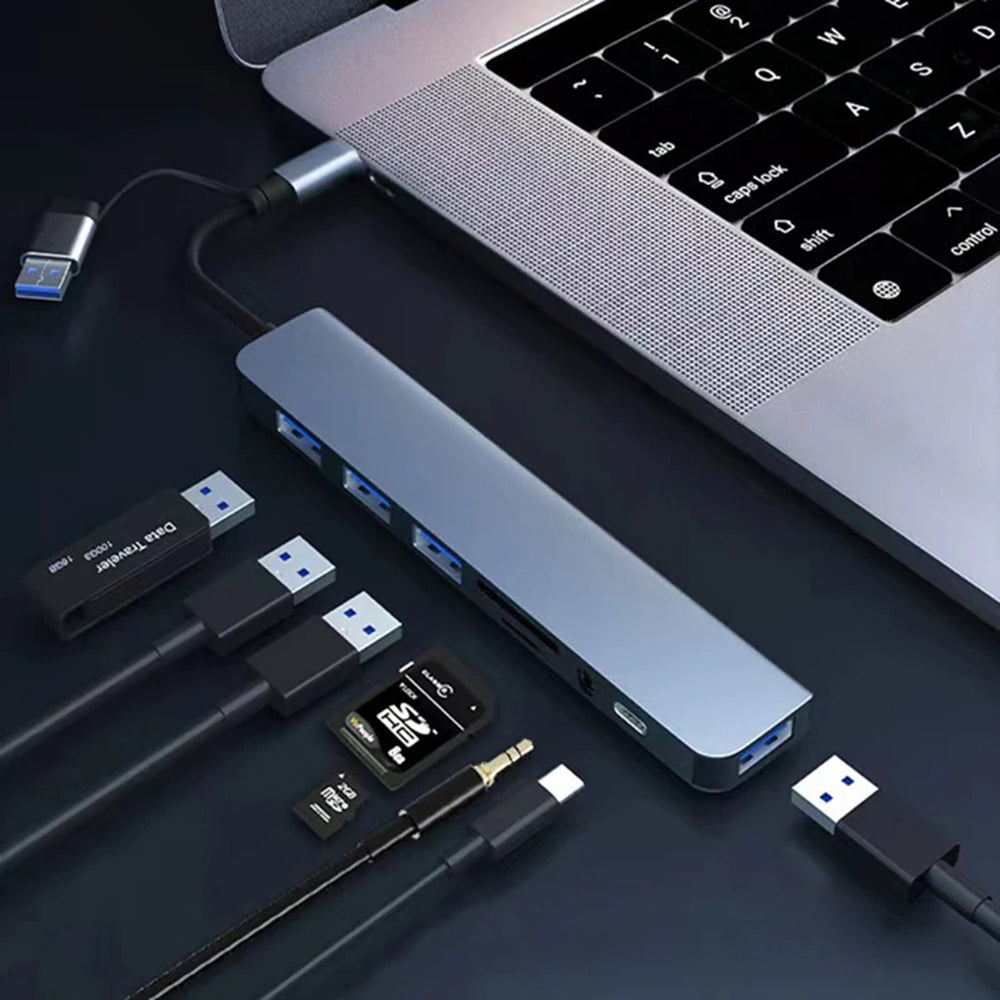 Techsuit - Docking Station DataBridge 8 in 1 (H9) - USB, Type-C to 4x USB, Type-C, 3.5mm Jack, TF/SD Card - Gray