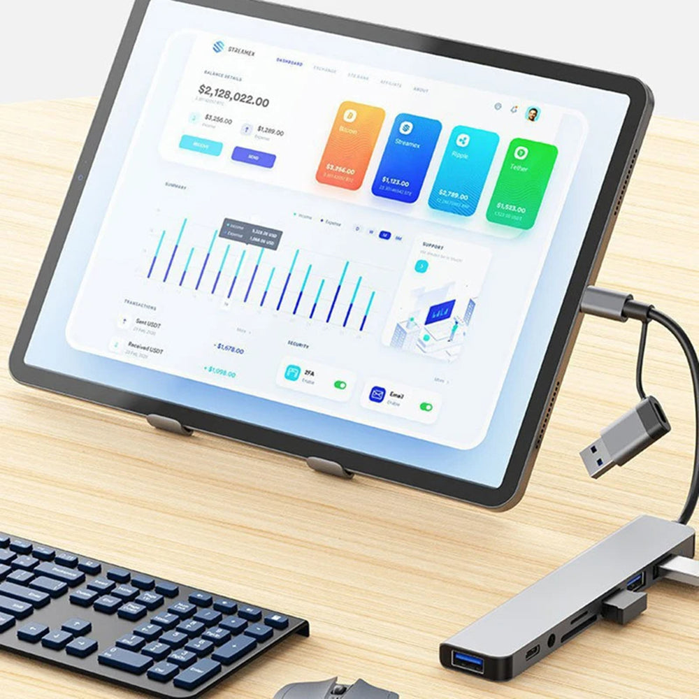 Techsuit - Docking Station DataBridge 8 in 1 (H9) - USB, Type-C to 4x USB, Type-C, 3.5mm Jack, TF/SD Card - Gray