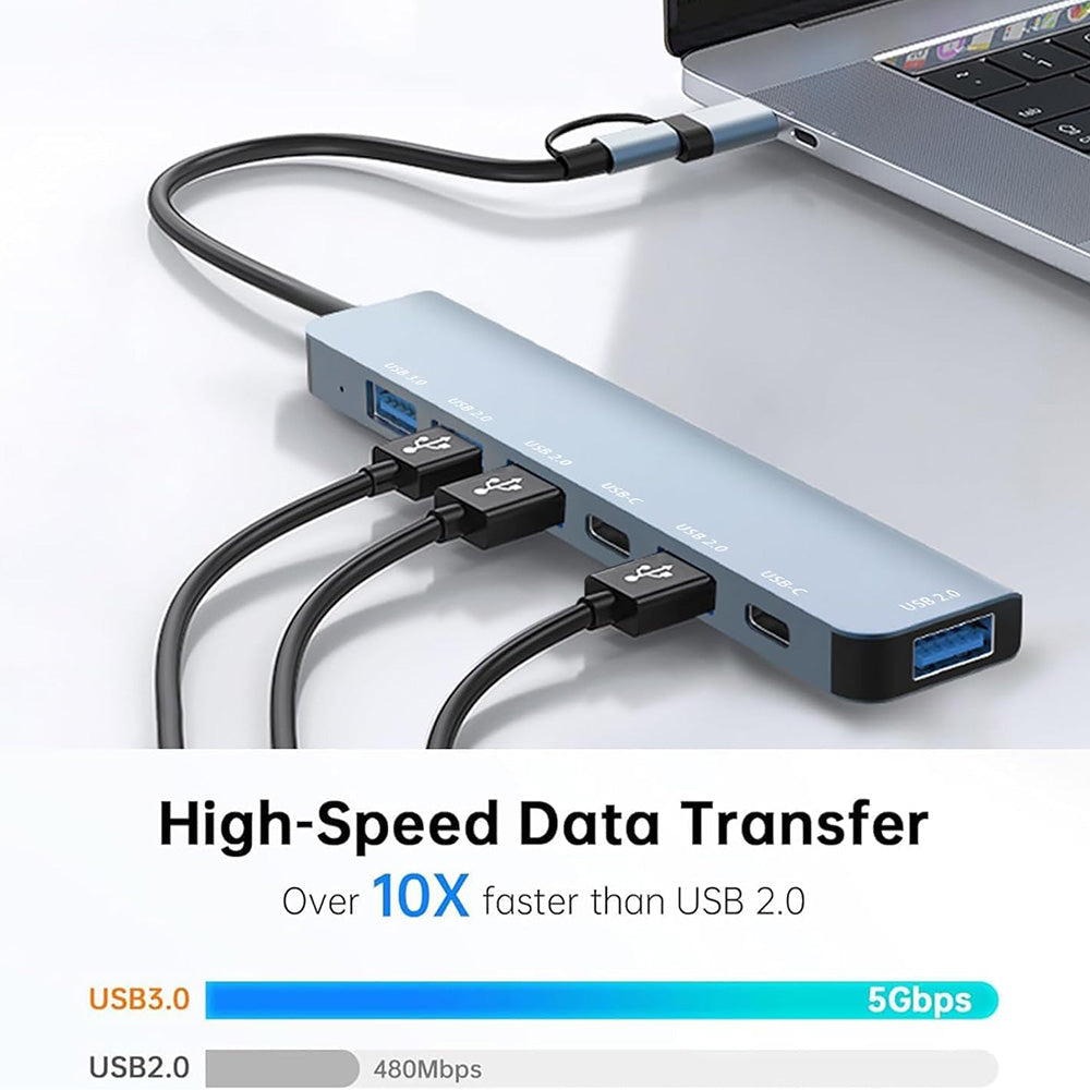 TechSuit Hub/Dock Techsuit Docking Station DataBridge 7 in 1 (H6), USB, Type-C to USB 3.0, 4x USB 2.0, 2x Type-C, Gri – 