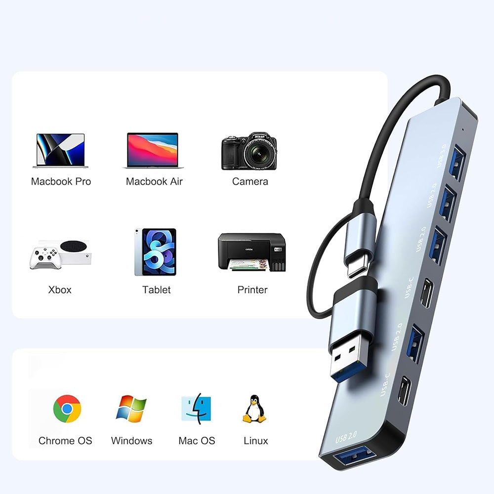 TechSuit Hub/Dock Techsuit Docking Station DataBridge 7 in 1 (H6), USB, Type-C to USB 3.0, 4x USB 2.0, 2x Type-C, Gri – 