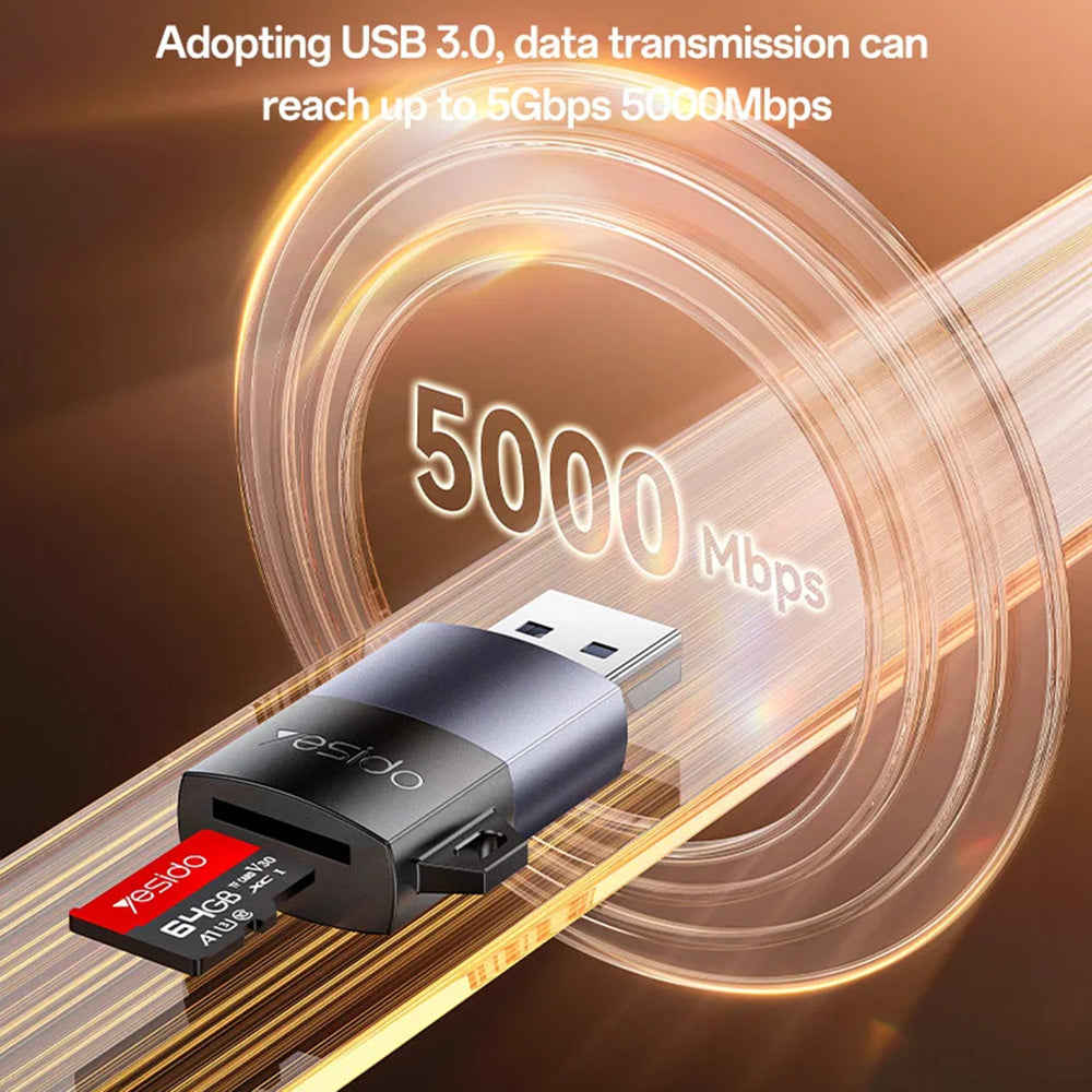 Yesido - Card Reader (GS36) - USB, High-speed, Aluminum Alloy, Support 1TB, Plug and Play, TF Card - Black