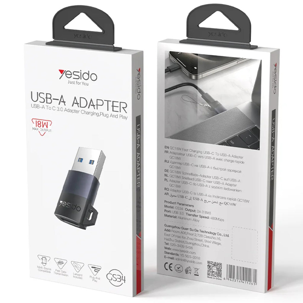 Yesido - OTG Adapter (GS34) - USB3.0 Male to Type-C Female, 18W, Aluminum Alloy - Grey