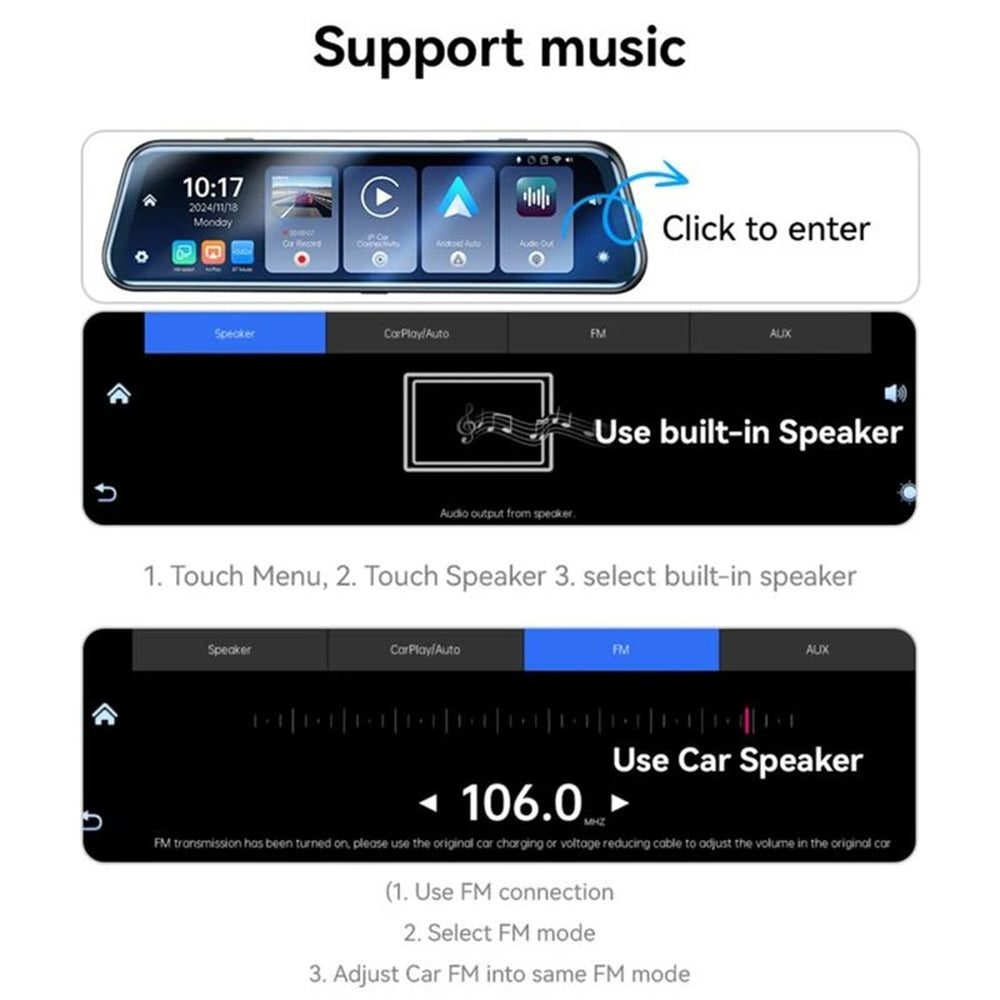 Yesido - Rearview Mirror with Dash Cam (KM24) - Carplay, Android Auto, AirPlay, BT5.2, Adjustable Camera - Black