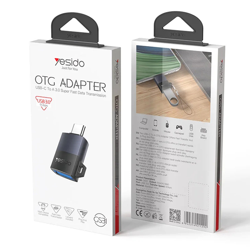 Yesido - OTG Adapter (GS31) - Type-C to USB, QC18W, Aluminum Alloy, Plug&Play - Grey