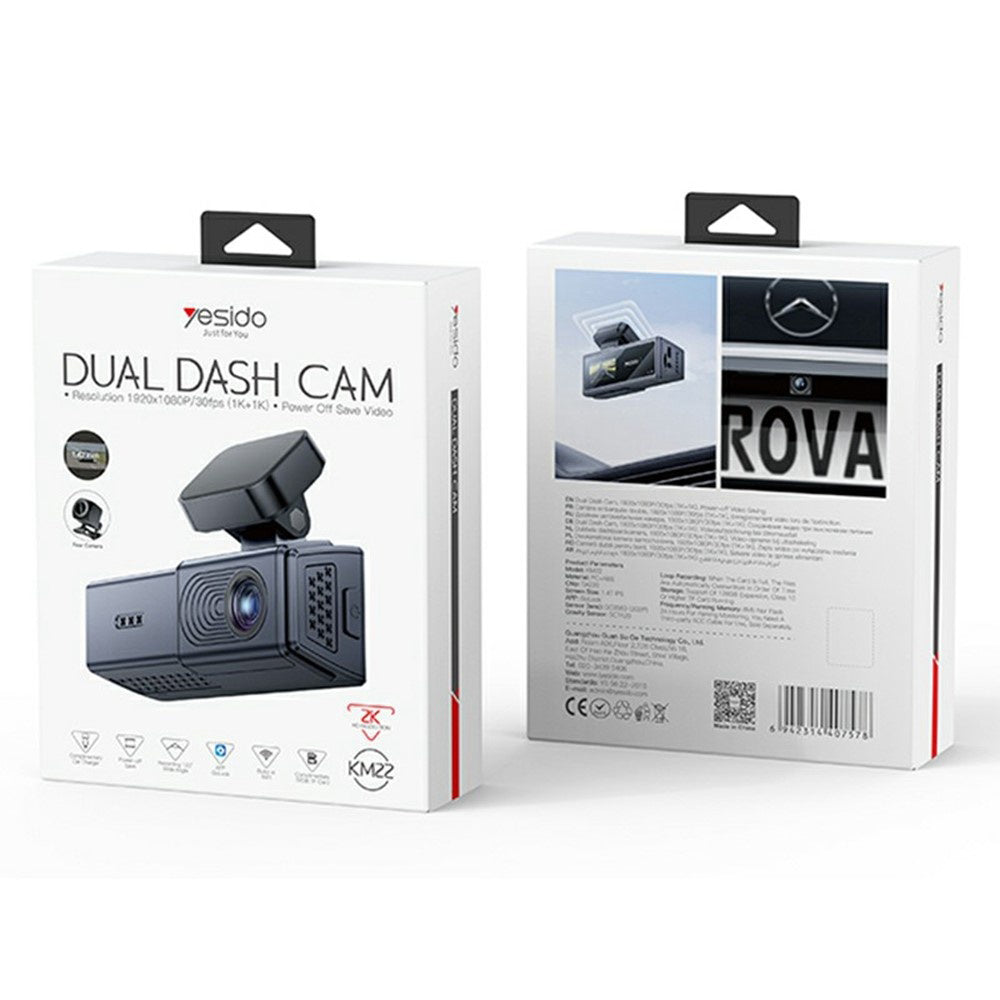 Yesido - Dash Camera (KM22) - 120° Wide-Angle Lens, 1080P Dual-Channel Recording - Black