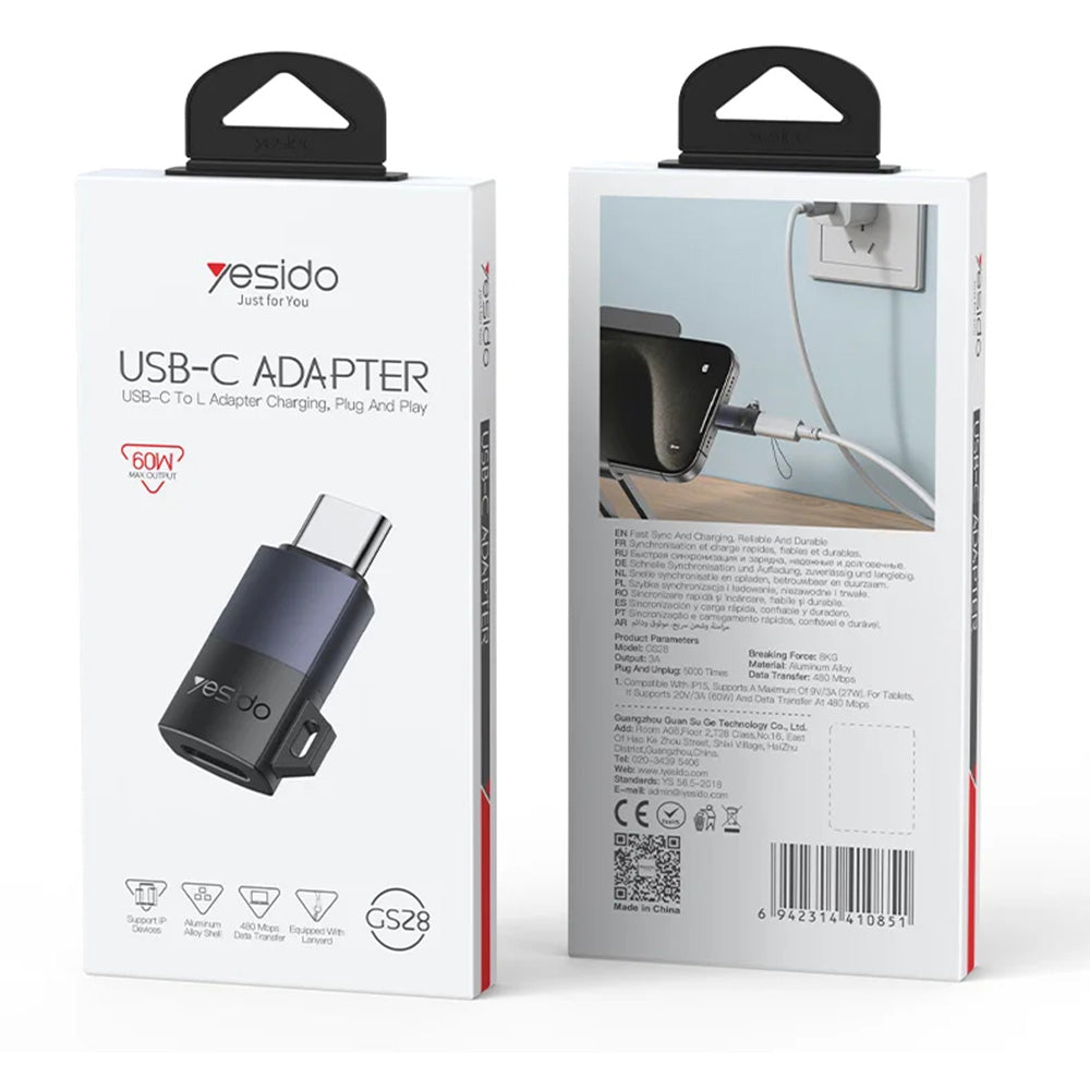Yesido - OTG Adapter (GS28) - Lightning to Type-C, 60W, Fast Charging, 480Mpb/s, Aluminum Alloy, Plug&Play - Grey