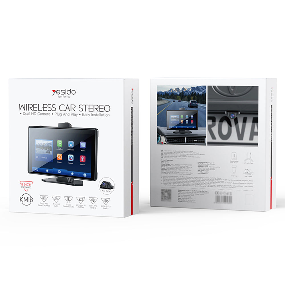 Yesido - Wireless Car Stereo (KM18) - Dual HD Camera, Bluetooth 5.2, Plug&Play, CarPlay, Android Auto, AirPlay - Black