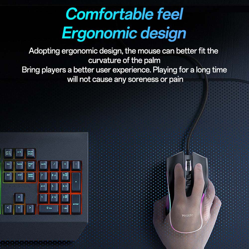 Yesido - Wired Gaming Mouse (KB20) - with RGB Light, DPI:1000-7200, USB, Windows/XP/7/8/10/11/MAC 05, 110cm - Black