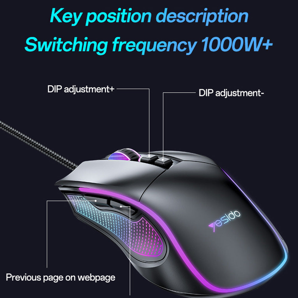 Yesido - Wired Gaming Mouse (KB20) - with RGB Light, DPI:1000-7200, USB, Windows/XP/7/8/10/11/MAC 05, 110cm - Black