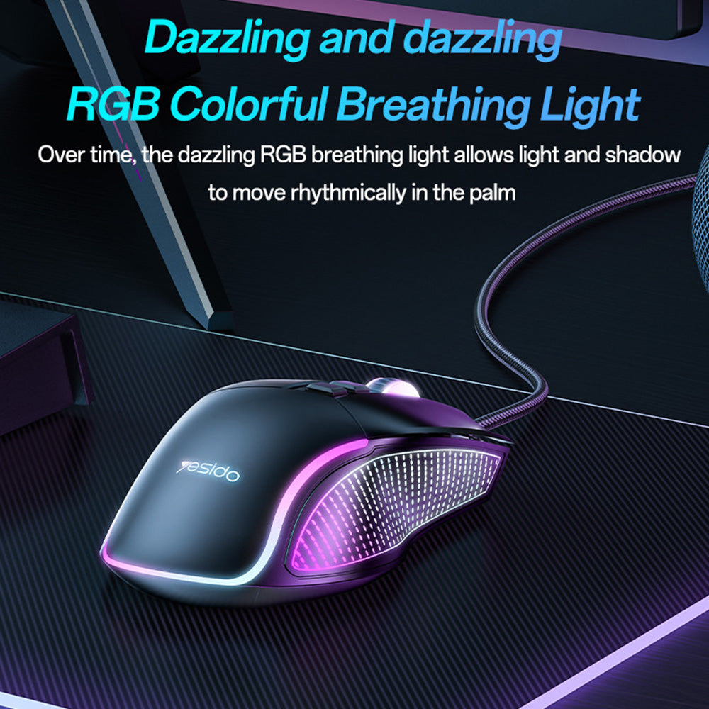 Yesido - Wired Gaming Mouse (KB20) - with RGB Light, DPI:1000-7200, USB, Windows/XP/7/8/10/11/MAC 05, 110cm - Black