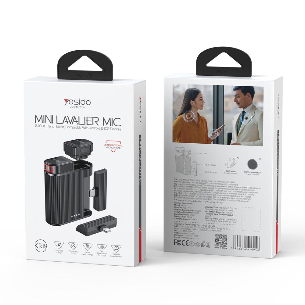 Yesido - Lavalier Microphone 2in1 (KR19) - Magnetic Button, CD-Quality Audio, 360° Omnidirectional, 600mAh, 2.4GHz - Bla