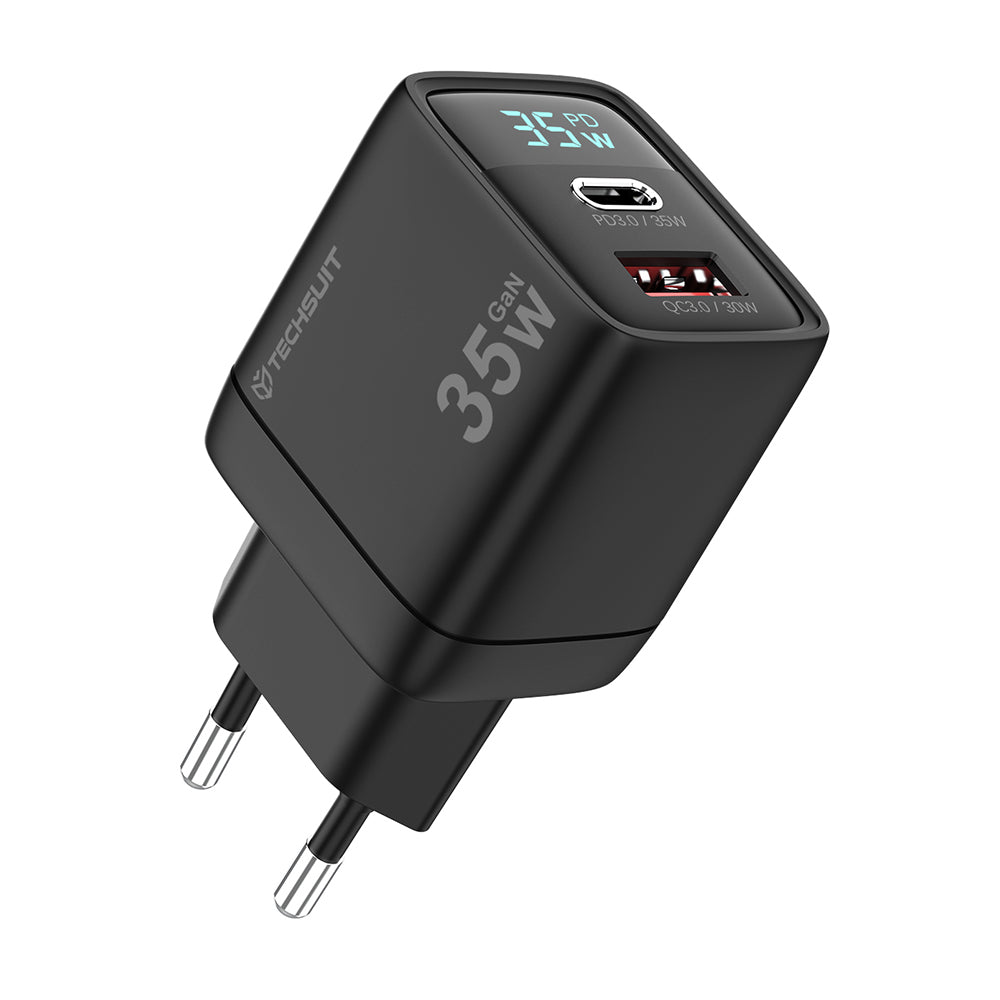 Techsuit - Wall Charger LEDChargX (CH3) - Type-C, USB, GaN Technology, Fast Charge, LED Display, PD35W - Black
